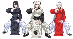 Rule 34 | black dress, black hair, china dress, chinese clothes, dress, fighting stance, highres, kung fu, martial arts, original, red dress, red eyes, shaolin monk, sketch, training