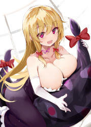Rule 34 | 1girl, absurdres, blonde hair, bow, breast rest, breasts, cleavage, collarbone, dress, efe, elbow gloves, gap (touhou), gloves, hair bow, highres, huge breasts, large breasts, long hair, looking at viewer, lying, no headwear, open mouth, pink eyes, red bow, revision, ribbon, riding, sitting, smile, socks, solo, touhou, white gloves, yakumo yukari