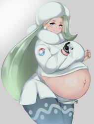 Rule 34 | 1girl, absurdres, bayoshii, blue eyes, blush, breasts, creatures (company), earrings, female focus, game freak, gloves, green hair, hat, highres, huge breasts, jewelry, long hair, looking at viewer, mature female, melony (pokemon), nail polish, nintendo, pokemon, pokemon swsh, pregnant, single glove, solo, thick thighs, thighs