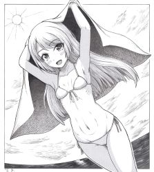 Rule 34 | 1girl, absurdres, bikini, dated, dutch angle, flat chest, front-tie bikini top, front-tie top, greyscale, h2 (h20000000), highres, horizon, jervis (kancolle), kantai collection, long hair, monochrome, navel, ocean, open mouth, side-tie bikini bottom, signature, smile, solo, sun, swimsuit, towel, traditional media