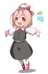 Rule 34 | 1girl, :d, ahoge, black skirt, black vest, blonde hair, commentary request, fang, full body, hair ribbon, highres, long sleeves, looking at viewer, open mouth, outstretched arms, red eyes, red footwear, red ribbon, ribbon, rumia, shirt, short hair, signature, skirt, smile, solo, tekina (chmr), touhou, vest, white shirt