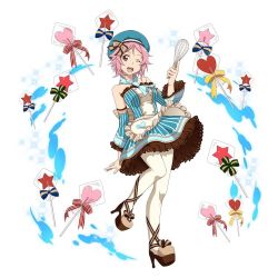Rule 34 | 1girl, ;d, blue dress, blue hat, blue neckwear, bow, brown bow, detached sleeves, dress, full body, hat, hat bow, high heels, holding, leg up, lisbeth (sao), one eye closed, open mouth, pantyhose, pink hair, red eyes, short hair, simple background, sleeveless, sleeveless dress, smile, solo, standing, standing on one leg, strapless, strapless dress, striped clothes, striped dress, sword art online, vertical-striped clothes, vertical-striped dress, white background, white pantyhose