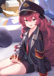 Rule 34 | 1girl, black hat, blue archive, blush, breasts, grey eyes, halo, hat, highres, iroha (blue archive), long hair, looking at viewer, ninoude (ninoude44), peaked cap, red hair, small breasts, smile, solo, wavy hair