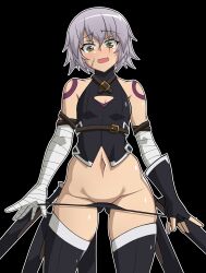 Rule 34 | absurdres, arm belt, bandaged arm, bandages, bare shoulders, black background, black panties, boots, cleavage cutout, clothing cutout, facial scar, fate/apocrypha, fate/grand order, fate (series), gloves, gluteal fold, green eyes, hair between eyes, highres, jack the ripper (fate/apocrypha), looking at viewer, lowleg, lowleg panties, panties, panty pull, pulled by self, scar, scar across eye, scar on cheek, scar on face, short hair, shoulder tattoo, simple background, single glove, tattoo, thigh boots, underwear, undressing