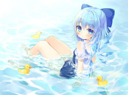 Rule 34 | 1girl, alternate costume, arm support, bad id, bad pixiv id, blue bow, blue eyes, blue hair, blush, bow, cirno, closed mouth, full body, hair bow, ice, ice wings, lens flare, looking at viewer, matching hair/eyes, mirei, partially submerged, pool, puffy short sleeves, puffy sleeves, rubber duck, school swimsuit, see-through, see-through silhouette, shirt, short hair, short sleeves, smile, solo, sunlight, swimsuit, swimsuit under clothes, touhou, wet, wet clothes, white shirt, wings