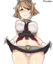 Rule 34 | 1girl, absurdres, bare arms, black skirt, blush, breasts, brown hair, closed mouth, clothes lift, covered erect nipples, cowboy shot, flipped hair, gloves, green eyes, headgear, heart, heart-shaped pupils, highres, kantai collection, kiritto, large breasts, looking at viewer, looking down, midriff, miniskirt, mutsu (kancolle), navel, panties, pleated skirt, short hair, simple background, skirt, skirt lift, smile, solo, symbol-shaped pupils, twitter username, underwear, upper body, white background, white gloves, white panties