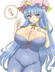 Rule 34 | !, 1girl, absurdres, alternate color, alternate eye color, alternate hair color, blue dress, blue eyes, blush, breasts, cleavage, commentary, detached collar, dress, groin, hand on own chest, hat, highres, huge breasts, mob cap, open mouth, patchouli knowledge, pink hat, shirokumall, simple background, solo, spoken exclamation mark, touhou, upper body, white background