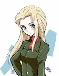 Rule 34 | 10s, 1girl, 2017, 4suke, artist name, blonde hair, blue eyes, blush, breasts, buttons, clara (girls und panzer), closed mouth, collared jacket, dated, eyebrows, facing away, forehead, girls und panzer, green jacket, hair intakes, hand on own hip, jacket, long hair, long sleeves, medium breasts, pravda school uniform, red shirt, school uniform, shirt, smile, solo, straight hair, turtleneck, upper body