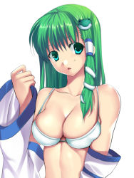 Rule 34 | 1girl, bra, breasts, cleavage, detached sleeves, frog hair ornament, green eyes, green hair, hair ornament, hair tubes, kochiya sanae, large breasts, long hair, long sleeves, looking at viewer, matching hair/eyes, no shirt, open mouth, simple background, snake hair ornament, solo, takamitsu, tanakana, touhou, underwear, upper body, white background, wide sleeves