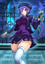 Rule 34 | 1girl, absurdres, black gloves, braid, breasts, closed mouth, cloud, commentary request, commission, dress, eltnum, fingerless gloves, gloves, harukey, hat, highres, jacket, large breasts, long hair, looking at viewer, melty blood, miniskirt, moon, night, night sky, open clothes, open jacket, pixiv commission, purple dress, purple eyes, purple jacket, purple skirt, purple vest, single braid, sion eltnam atlasia, skirt, sky, solo, sweater vest, thighhighs, thighs, tsukihime, under night in-birth, very long hair, vest, white thighhighs