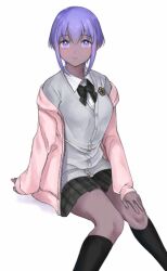 Rule 34 | 1girl, alternate costume, arm support, black bow, black bowtie, black skirt, black socks, bow, bowtie, cardigan, closed mouth, contemporary, cowboy shot, dark-skinned female, dark skin, fate/grand order, fate (series), grey cardigan, hand on own knee, hassan of serenity (fate), highres, hood, hooded jacket, hyakuashi2525, jacket, kneehighs, light smile, long sleeves, looking at viewer, off shoulder, pink jacket, plaid, plaid skirt, pleated skirt, puffy long sleeves, puffy sleeves, purple eyes, purple hair, school uniform, shirt, short hair, simple background, sitting, skirt, sleeves past wrists, socks, solo, white background, white shirt