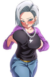 Rule 34 | 1girl, android 18, blue eyes, blue pants, blush, breast hold, breasts, dragon ball, earrings, female focus, grey hair, jewelry, large breasts, looking at viewer, necklace, pants, pearl necklace, rom (20), rom (20), solo