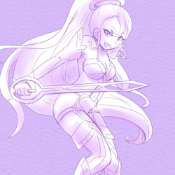 Rule 34 | 1girl, amazon pandora, breasts, fluora, hand on own cheek, hand on own face, kid icarus, kid icarus uprising, long hair, lowres, monochrome, navel, nintendo, pandora (kid icarus), ponytail, purple background, smile, solo, sword, weapon