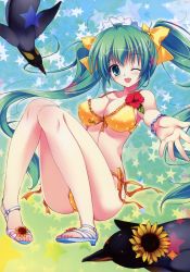 Rule 34 | 1girl, ;d, absurdres, aqua eyes, bare legs, bare shoulders, beckoning, bikini, bird, blue background, blush, bow, bracelet, breasts, cameltoe, cleavage, fang, feet, flower, foreshortening, frilled bikini, frills, front-tie top, green hair, hair bow, hibiscus, highres, huge filesize, jewelry, large breasts, legs, long hair, looking at viewer, melon-chan, melonbooks, mikeou, one eye closed, open mouth, outstretched arm, outstretched hand, penguin, polka dot, polka dot bikini, polka dot swimsuit, sandals, side-tie bikini bottom, sitting, smile, solo, star (symbol), starry background, sunflower, swimsuit, toes, twintails, very long hair, wink, yellow bow