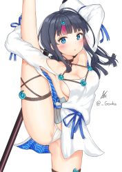 Rule 34 | 1girl, absurdres, armpits, arms up, bare shoulders, black hair, blue eyes, blue ribbon, blush, breasts, collarbone, dress, fate/grand order, fate (series), fundoshi, gouka, highres, japanese clothes, jewelry, large breasts, leg hold, leg up, long sleeves, magatama, magatama hair ornament, medium hair, multicolored hair, necklace, open mouth, panties, pelvic curtain, polearm, puffy long sleeves, puffy sleeves, red hair, ribbon, seigaiha, short dress, sideboob, sideless outfit, sidelocks, simple background, solo, spear, split, standing, standing on one leg, standing split, streaked hair, thighs, two-sided fabric, two-sided skirt, underwear, utsumi erice, weapon, white dress