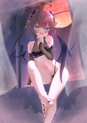 Rule 34 | 1girl, absurdres, ahoge, alternate costume, arm support, armpit crease, bare legs, bare shoulders, barefoot, belt, black nails, black panties, blue eyes, blush, breasts, brown hair, cloud, cloudy sky, commentary, commentary request, curtains, demon girl, demon horns, demon tail, demon wings, detached sleeves, eyelashes, fang, feet, foot out of frame, foreshortening, full moon, gradient sky, hand up, highleg, highleg panties, highres, hololive, horn ornament, horn ribbon, horns, knee up, legs, looking at viewer, medium hair, moon, nail polish, natsuiro matsuri, navel, open mouth, orange ribbon, panties, pink sky, purple sky, revealing clothes, ribbon, ribbon trim, see-through, see-through sleeves, sitting, sitting in window, skin fang, sky, small breasts, solo, spread toes, star (sky), starry sky, stomach, tail, thighs, toenail polish, toenails, toes, underwear, virtual youtuber, window, wings, yoshie eneko