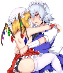 Rule 34 | 2girls, ass, back, bandages, black panties, blindfold, blonde hair, blood, clothes lift, dress, dress lift, embodiment of scarlet devil, face-to-face, fang, fangs, female focus, flandre scarlet, frills, hat, highres, izayoi sakuya, magukappu, maid, maid headdress, multiple girls, panties, red eyes, saliva, saliva trail, short hair, silver hair, thighhighs, thighs, tongue, topless, touhou, underwear, undressing, white thighhighs, wings, wrist cuffs, wristband, yuri