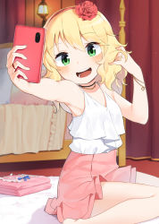 Rule 34 | 1girl, :d, armpits, bad id, bad pixiv id, bare arms, bare shoulders, bed, blonde hair, blush, cellphone, collarbone, commentary, english commentary, flower, folded clothes, green eyes, hair between eyes, hair flower, hair ornament, hairband, head tilt, heart, highres, holding, holding phone, idolmaster, idolmaster cinderella girls, indoors, long hair, necktie, noria, open mouth, outstretched arm, phone, pink skirt, pleated skirt, red flower, red hairband, red rose, rose, round teeth, sakurai momoka, shirt, sitting, skirt, sleeveless, sleeveless shirt, smartphone, smile, solo, taking picture, teeth, upper teeth only, wariza, white shirt