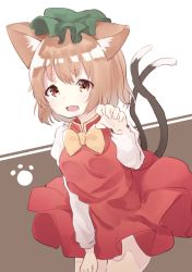 Rule 34 | 1girl, :d, animal ear fluff, animal ears, bow, bowtie, breasts, brown eyes, brown hair, cat ears, cat tail, chen, claw pose, cowboy shot, dress, fang, gold trim, hand up, hat, leaning forward, light blush, mamemochi, medium breasts, mob cap, multiple tails, nekomata, open mouth, red dress, short hair, simple background, skin fang, smile, solo, tail, touhou, two tails, white background, yellow bow, yellow bowtie