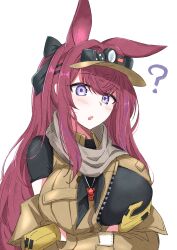 Rule 34 | 1girl, ?, absurdres, animal ears, arknights, black shirt, breasts, brown gloves, brown jacket, gloves, highres, jacket, large breasts, long hair, looking at viewer, maiq06, purple eyes, rabbit ears, rabbit girl, ray (arknights), red hair, shirt, short sleeves, simple background, solo, underwear, white background
