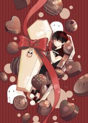 Rule 34 | 1boy, absurdres, black hair, black shirt, bow, candy, chocolate, chocolate heart, coffin, copyright name, food, gloves, heart, highres, kemono jihen, kusaka kabane, male focus, mululeee, red background, red bow, red eyes, red gloves, red ribbon, ribbon, shirt, shoes, short sleeves, sneakers, solo, valentine