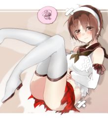 Rule 34 | 10s, 1girl, blush, boots, brown hair, detached sleeves, gradient background, hairband, hands on stomach, kantai collection, knees together feet apart, natori (kancolle), short hair, sino (sionori), skirt, solo, spoken squiggle, squiggle, tears, thigh boots, thighhighs, torn clothes, torn skirt, wavy mouth, white footwear, white thighhighs