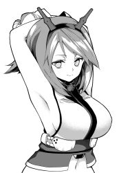 Rule 34 | 10s, 1girl, armpits, arms up, bad id, bad pixiv id, blush, breasts, fuantei, gloves, greyscale, headgear, kantai collection, large breasts, looking at viewer, monochrome, mutsu (kancolle), navel, personification, short hair, sideboob, simple background, solo, white background