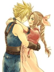 Rule 34 | 1boy, 1girl, aerith gainsborough, arms around neck, arms around waist, bangle, belt, blue pants, blush, bracelet, braid, braided ponytail, breasts, brown belt, brown gloves, cleavage, cloud strife, couple, cowboy shot, cropped jacket, dress, final fantasy, final fantasy vii, final fantasy vii remake, gloves, green eyes, hair ribbon, hetero, highres, jacket, jewelry, long dress, long hair, looking at another, medium breasts, multiple belts, open mouth, pants, parted bangs, pink dress, pink ribbon, red jacket, ribbon, sharp teeth, short hair, short sleeves, sidelocks, smile, suspenders, teeth, toe2727, upper teeth only, wavy hair, white background