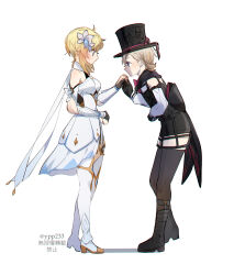 Rule 34 | 1boy, 1girl, artist name, blonde hair, blush, boots, closed mouth, detached sleeves, dress, flower, from side, full body, genshin impact, gloves, hair flower, hair ornament, hat, hetero, highres, kiss, kissing hand, light brown hair, looking at another, lumine (genshin impact), lyney (genshin impact), partially fingerless gloves, scarf, short hair, short hair with long locks, sidelocks, simple background, smile, top hat, white background, white dress, white flower, white scarf, yellow eyes, ypp233