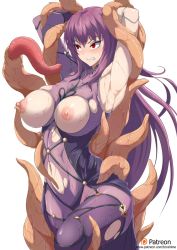 Rule 34 | 1girl, angry, arms up, ass, bodysuit, breasts, clenched teeth, fate/grand order, fate (series), hair between eyes, highres, large breasts, navel, nipples, purple hair, red eyes, restrained, ribbon, scathach (fate), simple background, solo, spread legs, teeth, tentacles, torahime (roland00), torn bodysuit, torn clothes, torn legwear, white background