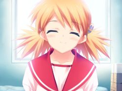 Rule 34 | 00s, 1girl, backlighting, blush, closed eyes, game cg, gym storeroom, hair ornament, hair tie, happy, indoors, kawata hisashi, light smile, mat, mitsumi misato, parted bangs, sasamori karin, school uniform, serafuku, short hair, short twintails, smile, smiley face, solo, spiked hair, sunlight, to heart (series), to heart 2, twintails, upper body, vaulting horse, window