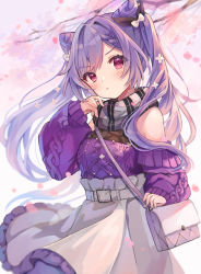 Rule 34 | 1girl, adapted costume, bag, bare shoulders, blush, bow, branch, double bun, flower, genshin impact, hair bow, hair bun, hair flower, hair ornament, highres, keqing (genshin impact), keqing (lantern rite) (genshin impact), long sleeves, looking at viewer, purple eyes, purple hair, purple sweater, scarf, skirt, solo, striped clothes, striped scarf, sweater, tikoo 616, twintails, white skirt