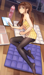 Rule 34 | 1girl, bare shoulders, book, bottle, brown hair, chinese commentary, commentary, dress, feet, female focus, fingernails, full body, headphones, highres, indoors, long hair, looking at viewer, lying, no shoes, open book, open mouth, original, pantyhose, playing with own hair, reflection, reflective floor, soles, solo, tablet pc, television, water, water bottle, wooden floor, yellow dress, yellow eyes, yewang19