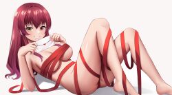 Rule 34 | 1girl, absurdres, breasts, cleavage, envelope, grin, hair down, heterochromia, highres, holding, holding envelope, hololive, houshou marine, knees up, large breasts, long hair, looking at viewer, lying, naked ribbon, on back, red eyes, red hair, red ribbon, ribbon, sei joshikou, simple background, smile, solo, thighs, valentine, virtual youtuber, white background, yellow eyes