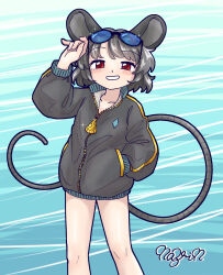 Rule 34 | 1girl, animal ears, arm up, blush, character name, cheese, coat, collared coat, dot nose, english text, food, glasses, grey hair, hand in pocket, highres, looking at viewer, mouse ears, mouse girl, mouse tail, nazrin, nokisakifuurin, red eyes, short hair, smile, solo, striped, striped coat, tail, touhou, yellow stripes