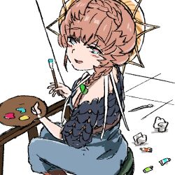 Rule 34 | 1girl, belt, black sleeves, blue eyes, blue overalls, blush, braid, brown hair, canvas (object), crown braid, crumpled paper, fate/grand order, fate (series), holding, holding paintbrush, holding palette, looking at viewer, open mouth, orange headwear, overalls, paint, paint tube, paintbrush, palette (object), paper, puffy sleeves, red pupils, shimogamo (shimomo 12), side braid, sitting, sitting on object, solo, stool, striped clothes, striped headwear, tile floor, tiles, tongue, van gogh (fate)