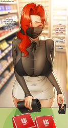 Rule 34 | absurdres, bag, black bra, black ribbon, black shirt, blue eyes, blurry, blurry background, blush, bra, breasts, buying condoms, cash register, ceo (ceo and bodyguard), ceo and bodyguard, cleavage, closed eyes, condom box, convenience store, counter, covered navel, credit card, earrings, english text, hair behind ear, hair over shoulder, handbag, high-waist skirt, highres, jewelry, large breasts, mature female, mole, mole under eye, nail polish, okamoto condoms, pov, red hair, red nails, ribbon, roborobocap, see-through, shirt, shop, skirt, solo, thighs, underwear, white skirt