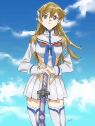 Rule 34 | 1girl, 203wolves, blonde hair, blue neckerchief, blue sky, brown eyes, closed mouth, cloud, cosplay, day, floating hair, hair between eyes, hands on hilt, highres, jacket, kill la kill, kiryuuin satsuki, kiryuuin satsuki (cosplay), long hair, long sleeves, miniskirt, neckerchief, outdoors, pleated skirt, sheath, sheathed, sketch, skirt, sky, solo, standing, sword, tenjouin asuka, thighhighs, weapon, white jacket, white skirt, white thighhighs, yu-gi-oh!, yu-gi-oh! gx, zettai ryouiki