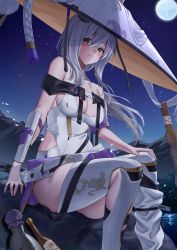 Rule 34 | 1girl, alcohol, arm guards, blush, bottle, breasts, cleavage, closed mouth, commentary, feet out of frame, full moon, goddess of victory: nikke, grey hair, hair between eyes, hand on own knee, hat, highres, jingasa, large hat, leotard, long hair, looking at viewer, medium breasts, moon, night, night sky, outdoors, scarlet (nikke), sitting, sky, smile, solo, star (sky), starry sky, thighhighs, thighs, white leotard, white thighhighs, yellow eyes, yorugami rei