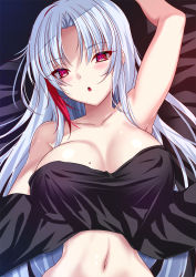 Rule 34 | 1girl, :o, akeyama kitsune, arm up, azur lane, bare shoulders, black tank top, breasts, breasts apart, collarbone, covered erect nipples, hair intakes, large breasts, long hair, looking at viewer, lying, multicolored hair, narrow waist, navel, official alternate costume, on back, open mouth, parted hair, pink eyes, red eyes, red hair, silver hair, solo, streaked hair, tallinn (azur lane), tallinn (nostalgic pilsner) (azur lane), tank top, tsurime, undressing, upper body