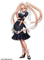 Rule 34 | 1girl, ankle garter, ankle ribbon, ankle wrap, blonde hair, blue eyes, bow, dress, feet, full body, gloves, hair intakes, hair ribbon, high heels, leg ribbon, long hair, pumps, ribbon, ryu (ryu&#039;s form site), shoes, simple background, solo, standing, twintails, white background