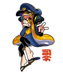 Rule 34 | 1girl, agent 3 (splatoon), black pants, blonde hair, closed mouth, commentary request, flip-flops, full body, hat, headphones, inkling, inkling girl, inkling player character, long hair, military hat, nintendo, orange eyes, pants, sandals, simple background, solo, splatoon (series), splatoon 3, stitches, tentacle hair, thick eyebrows, toes, torn clothes, torn pants, v, v-shaped eyebrows, w0 tarou, white background