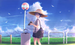 Rule 34 | 1girl, :d, absurdres, backpack, bag, bird, black hair, blue eyes, blue sky, camera, cloud, cloudy sky, commentary request, day, glasses, hat, highres, holding, horizon, jun wei, looking at viewer, mountain, open mouth, original, pleated skirt, road sign, rolling suitcase, scenery, school uniform, short hair, sign, single-lens reflex camera, skirt, sky, smile, solo, straw hat, suitcase, sun hat, translation request