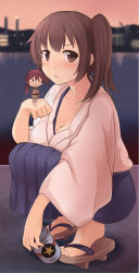 Rule 34 | 10s, 2girls, beer can, blue hakama, breasts, brown eyes, brown hair, can, character request, cleavage, collarbone, drink can, drunk, fairy (kancolle), geta, hakama, hakama skirt, holding, holding can, ido (teketeke), japanese clothes, kaga (kancolle), kantai collection, long sleeves, mini person, minigirl, multiple girls, ocean, open mouth, ponytail, short hair, side ponytail, skirt, tasuki, wide sleeves