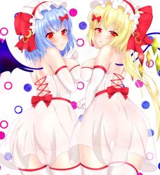 Rule 34 | 2girls, :o, ass, blonde hair, blue hair, blush, bow, breasts, dress, elbow gloves, flandre scarlet, from behind, gloves, hair bow, hat, highres, kurenai (anohitop), mob cap, multiple girls, no panties, red bow, remilia scarlet, see-through, smile, thighhighs, touhou, white gloves, white headwear, white legwear, wings