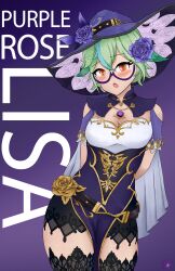 Rule 34 | 1girl, :o, absurdres, alternate costume, arms behind back, belt, blush, breasts, cape, cleavage, cosplay, costume switch, cowboy shot, daawnu, dress, flower, genshin impact, glasses, gradient background, green hair, hair ornament, hat, highres, lace, lace-trimmed legwear, lace trim, lisa (genshin impact), lisa (genshin impact) (cosplay), looking at viewer, medium breasts, orange eyes, purple background, purple flower, purple rose, rose, self-upload, semi-rimless eyewear, short hair, simple background, solo, standing, sucrose (genshin impact), thighhighs, witch hat, zettai ryouiki