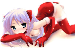 Rule 34 | 00s, 1girl, bent over, blue eyes, blush, breasts, christmas, cleavage, downblouse, dress, elbow gloves, gloves, hair ribbon, highres, hiiragi kagami, long hair, lucky star, namamo nanase, purple hair, red gloves, red thighhighs, ribbon, santa costume, short dress, snow, snowing, solo, thighhighs, top-down bottom-up, twintails, wallpaper, zettai ryouiki