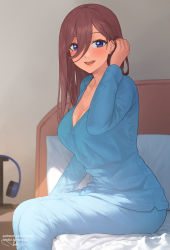 Rule 34 | 1girl, :d, bed frame, blue eyes, blush, breasts, brown hair, cleavage, feet out of frame, go-toubun no hanayome, hair between eyes, tucking hair, hand up, headphones, highres, indoors, large breasts, long hair, long sleeves, looking at viewer, nakano miku, nhaliz, on bed, open mouth, pajamas, pillow, signature, sitting, smile, solo, teeth, upper teeth only, watermark, web address