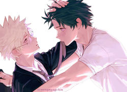 Rule 34 | 2boys, artist name, bakugou katsuki, bespectacled, black jacket, blonde hair, boku no hero academia, collared shirt, commentary request, dutch angle, eye contact, freckles, glasses, green hair, grey background, hand on another&#039;s head, highres, jacket, long sleeves, looking at another, male focus, messy hair, midoriya izuku, multiple boys, parted lips, scar, scar on arm, shirt, short hair, short sleeves, simple background, spiked hair, upper body, wengwengchim, white background, white shirt, yaoi
