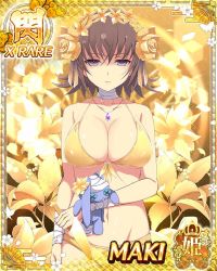 Rule 34 | bandages, bikini, breasts, brown hair, cleavage, flower, gold trim, hair flower, hair ornament, jewelry, knife, large breasts, looking at viewer, maki (senran kagura), navel, necklace, official art, purple eyes, sad, senran kagura, senran kagura new wave, short hair, stuffed toy, swimsuit, yandere